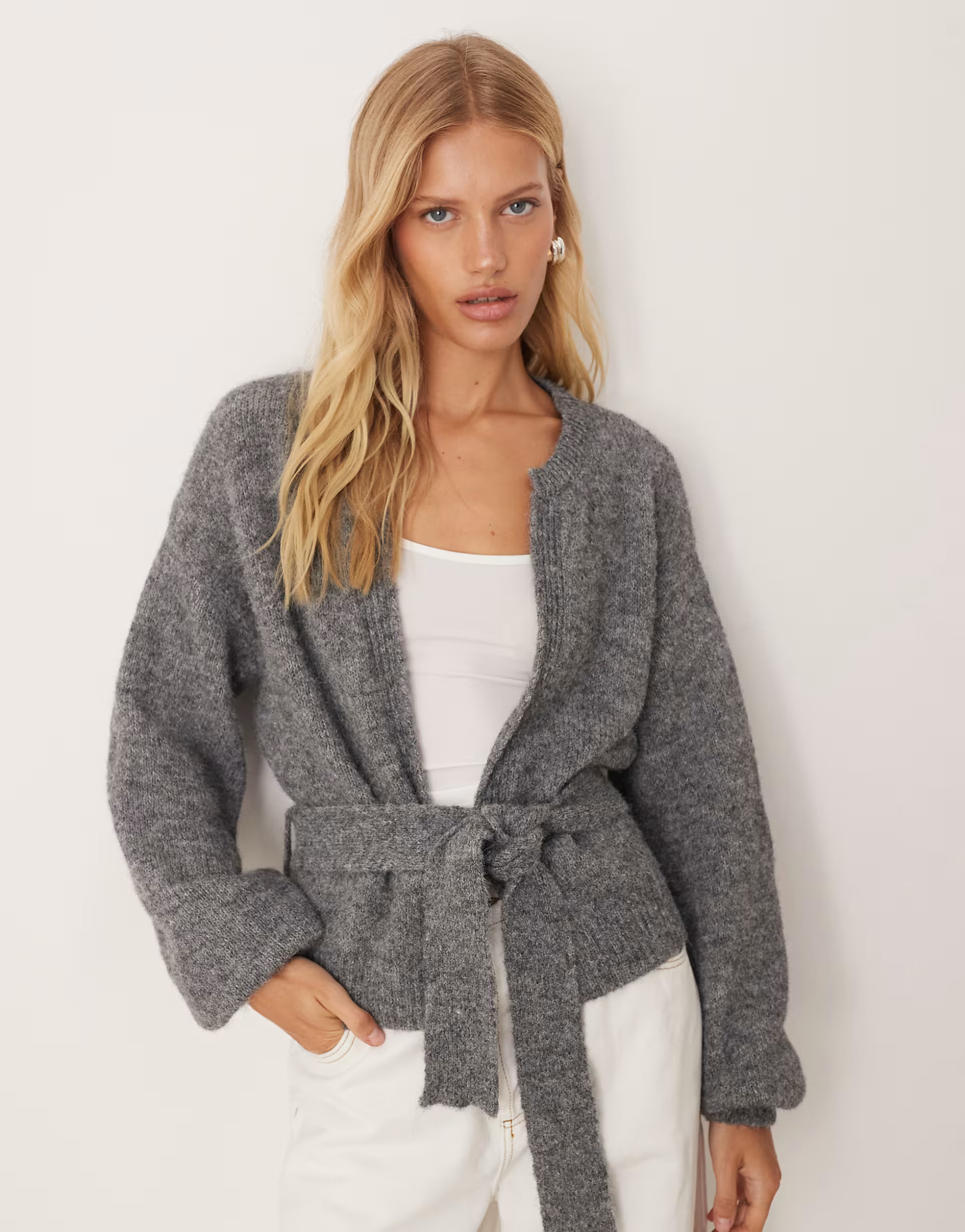 ASOS DESIGN knitted oversized cardigan with tie waist with wool in charcoal | ASOS (Global)