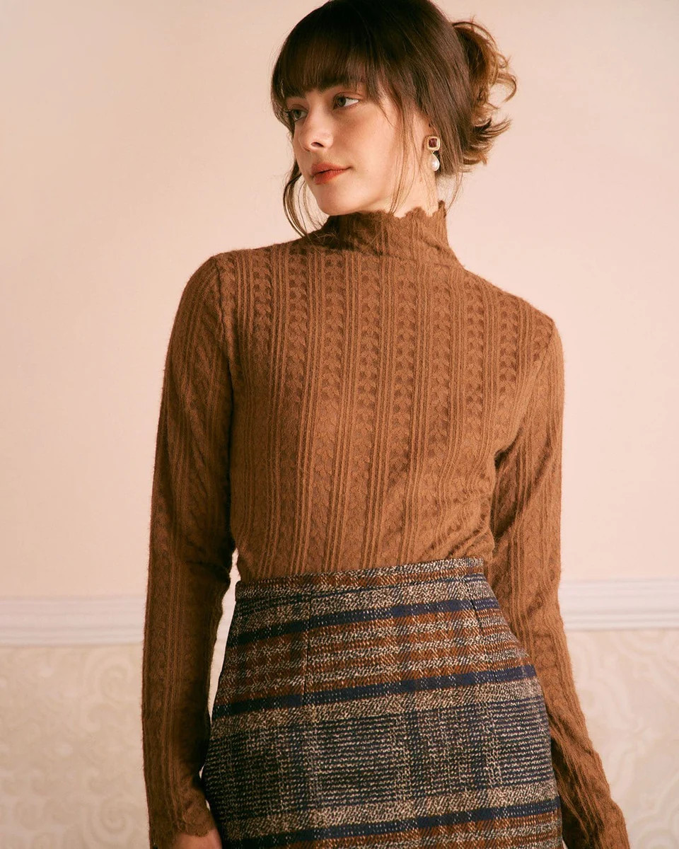 The Mock Neck Textured Long Sleeve Knit Top & Reviews - Army Green,Brown - Tops | RIHOAS | rihoas.com