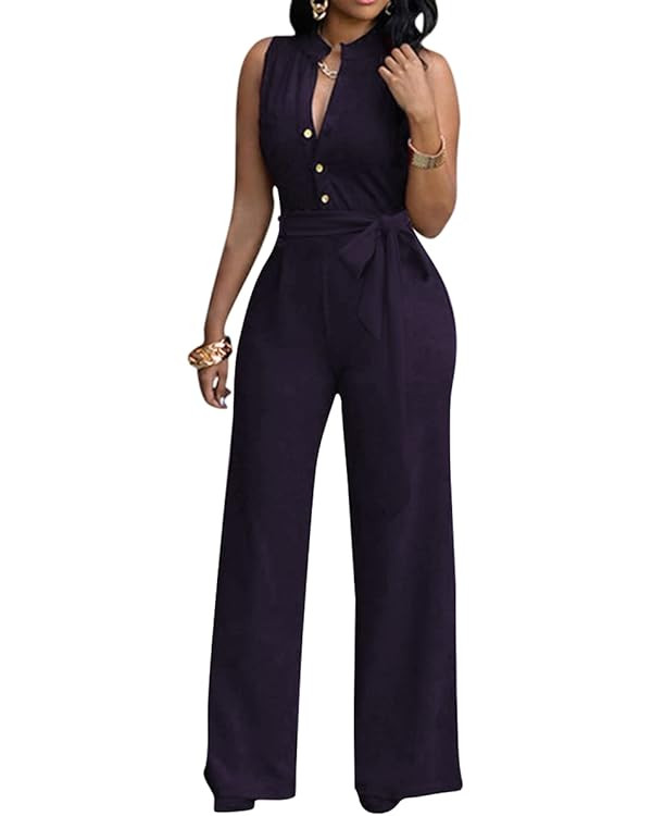 BestGirl Women's Sexy Jumpsuits Floral Print V Neck Sleeveless Wide Leg Long Pants Romper | Amazon (US)