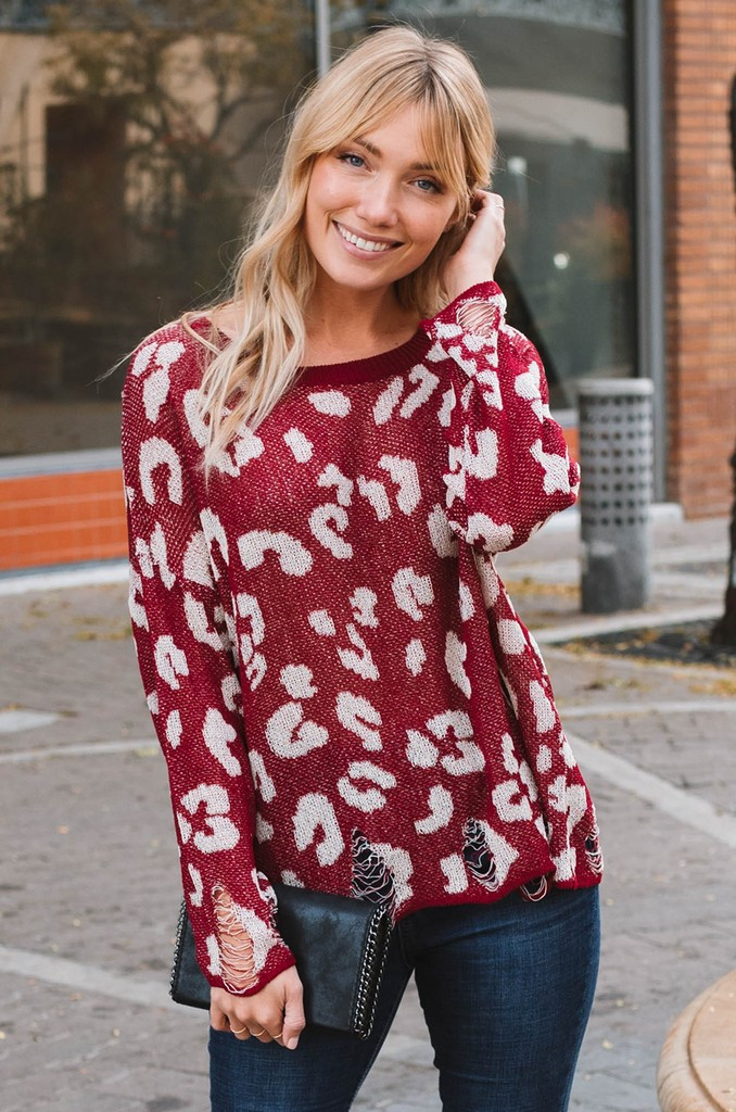 Feline Festive Distressed Sweater | Amaryllis Apparel