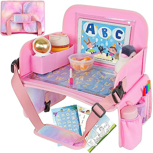 MENZOKE Kids Travel Tray, Car Seat Table Tray, Road Trip Essentials with Educational Drawing Board, Tablet Holder & Cooler Cup Holder, Travel Table for Kids Gifts in Car, Airplane, Multicoloured | Amazon (US)