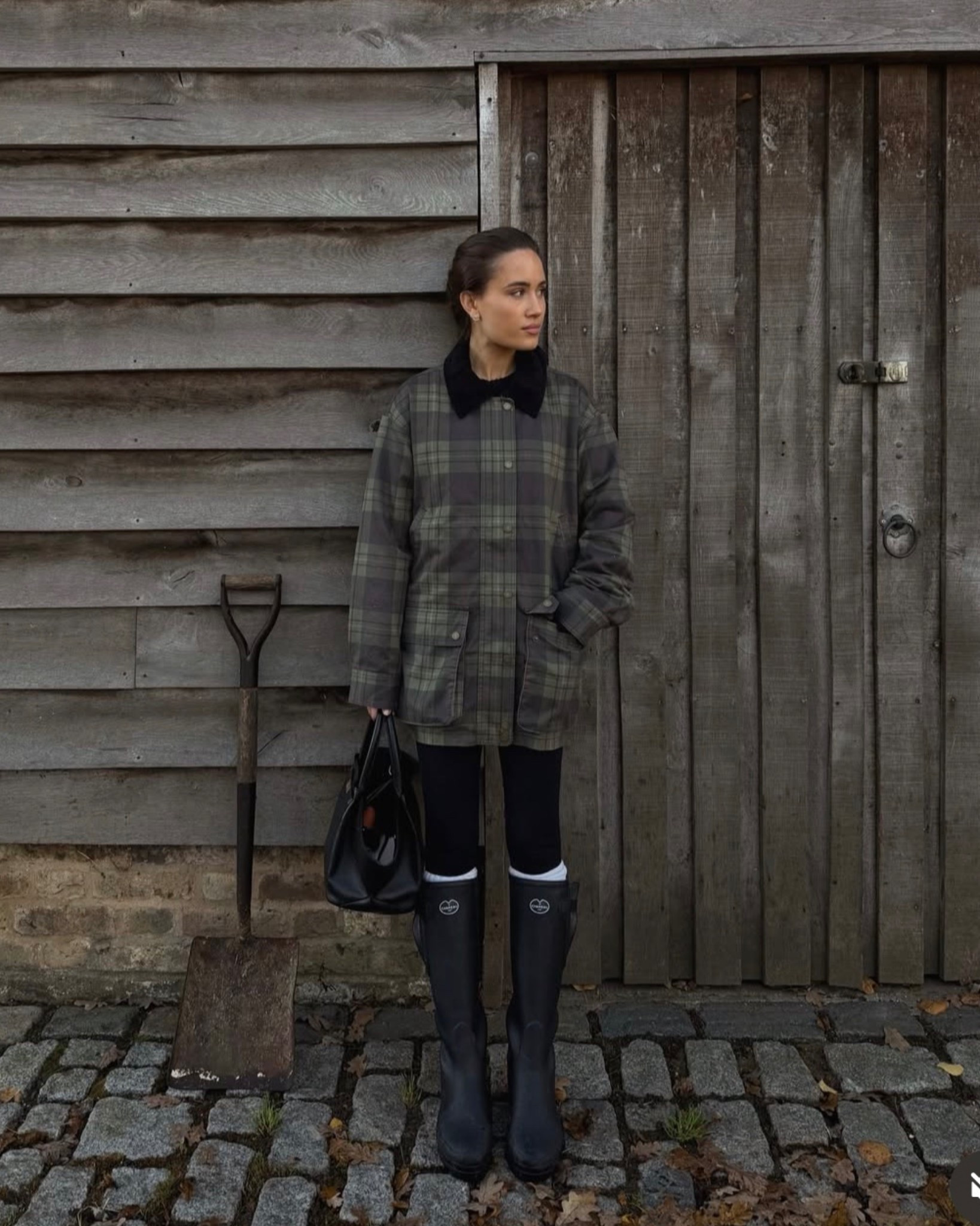 Countryside chic wearing a checkered barn jacket with a black knit and leggings, all from Abercrombie. Styled with knee-high socks from H&M, my Le Chameau rain boots, and a black DeMellier bag.

#LTKuk #LTKstyletip #LTKeurope