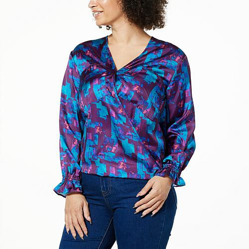 DG2 by Diane Gilman Printed Satin Hi-Low Hem V-Neck Blouse - Animal - Size 2X | HSN
