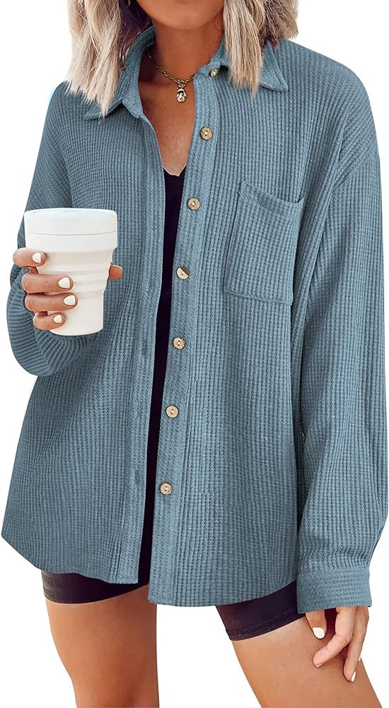 HOTOUCH Waffle Button Down Shirt Women Casual Knit Tops Long Sleeve Loose Fit Shacket with Pocket | Amazon (US)