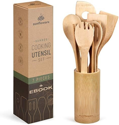 Wooden Bamboo Cooking Utensils Set - 8pcs Wood Kitchen Utensil Set with Holder - Wooden Spoons fo... | Amazon (US)