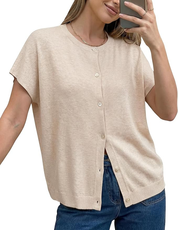Arach&Cloz Women's Wool Blend Oversized Lightweight Cardigan Short Sleeve Summer Casual Sweaters ... | Amazon (US)