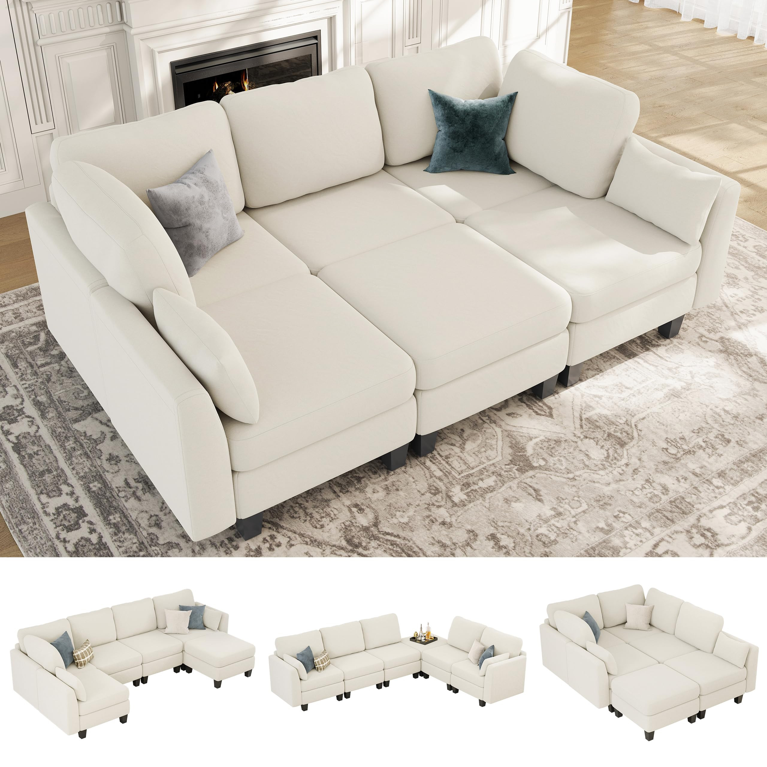 Sectional Sleeper Sofa, 6 Seaters Beige Modular Sleeper Sofa Couch, Comfy Sectionals Couches Bed,... | Amazon (US)