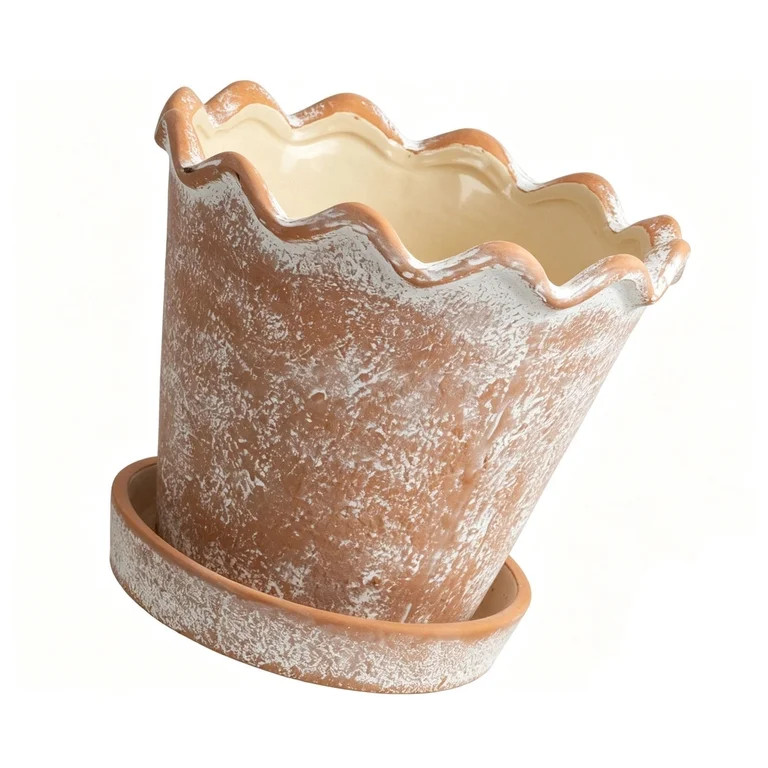 ZhangC Ceramic Planter Pot, Scalloped Wavy Rim Terracotta Pot with Drainage Saucer, Durable White... | Walmart (US)