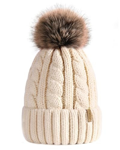 FURTALK Winter Beanie Knit Hat for Women Warm Fleece Lined with Faux Fur Pom Poms Womens Thick Ski Hats Knitted Skull Cap Beige | Amazon (US)