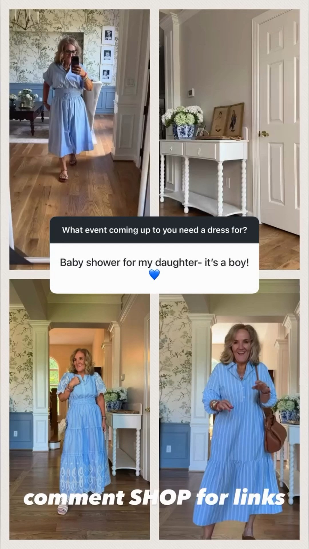 Baby boy shower outfit dress links 
Spanx dress size medium 
Jude connally short dress size small
Avara maxi pretty embroidery size medium 15% off code NANETTE15 
Quince stripe dress size small I sized down 
Linked a few other blue dresses.

#LTKOver40 #LTKBaby #LTKootd