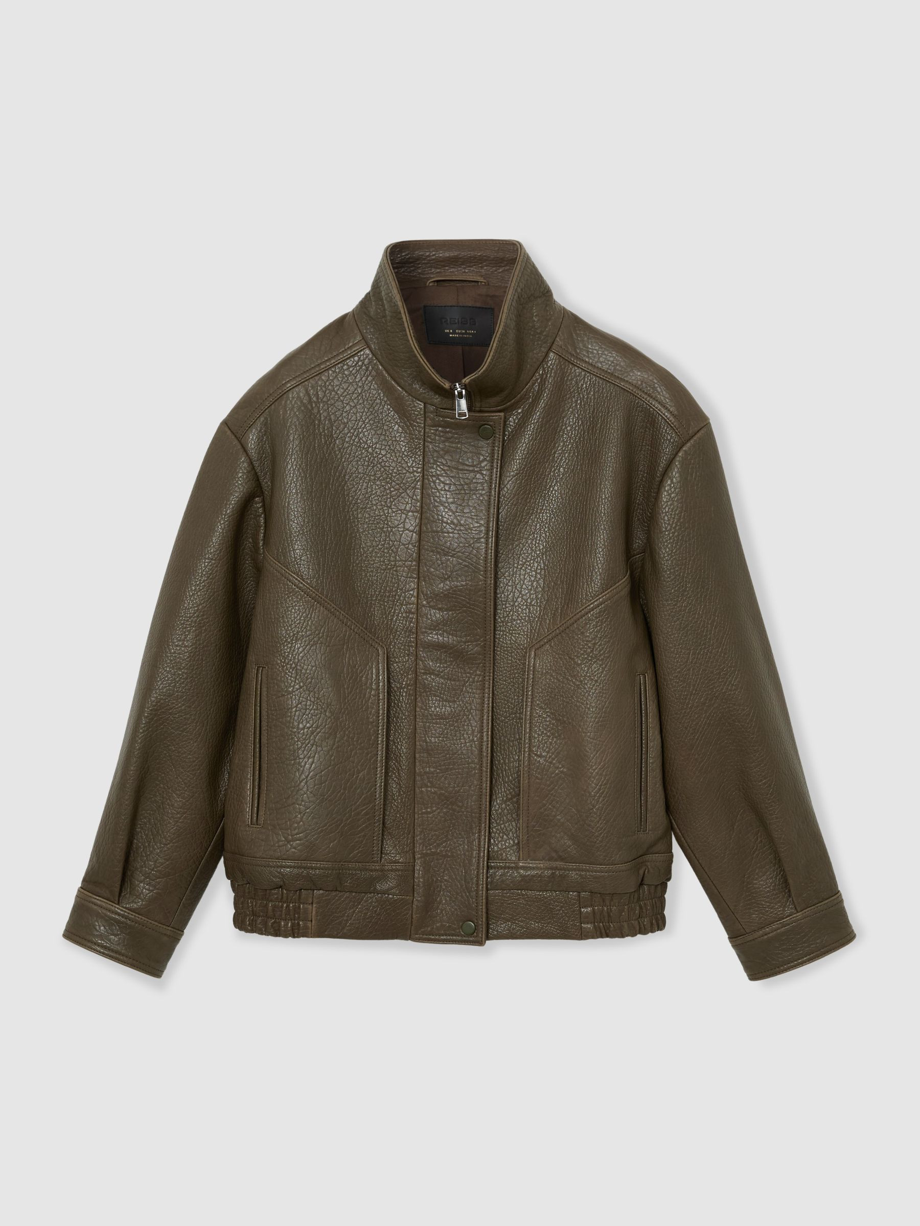 Oversize Grained-Leather Bomber Jacket in Khaki Green | Reiss UK