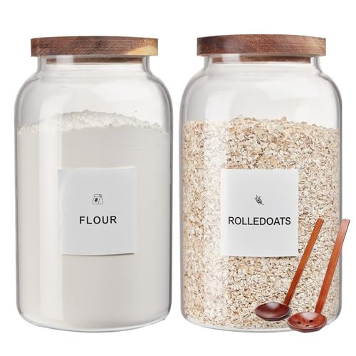 GFZYHEBEI 2 PCS Large Glass Jar with Airtight Wooden Lid Clear Glass Canisters with Spoon for Egg,Flour,Rice,Coffee,Cereal (2700ml × 2) | Amazon (US)