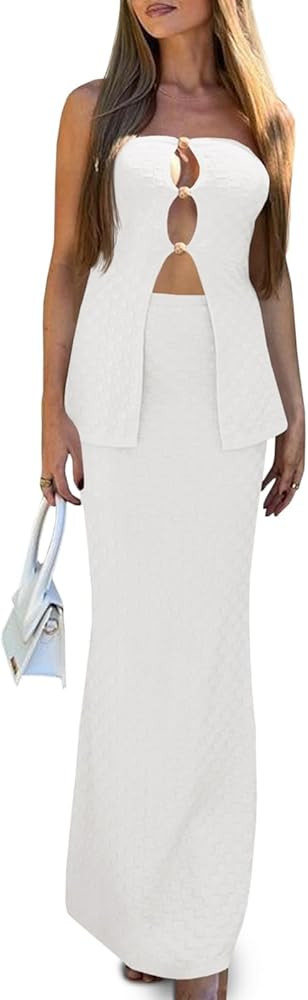 Wenrine Two Piece Sets for Women Summer Bodycon Sexy Outfit Cutout Tube Tops Knit Maxi Skirt Sets... | Amazon (US)