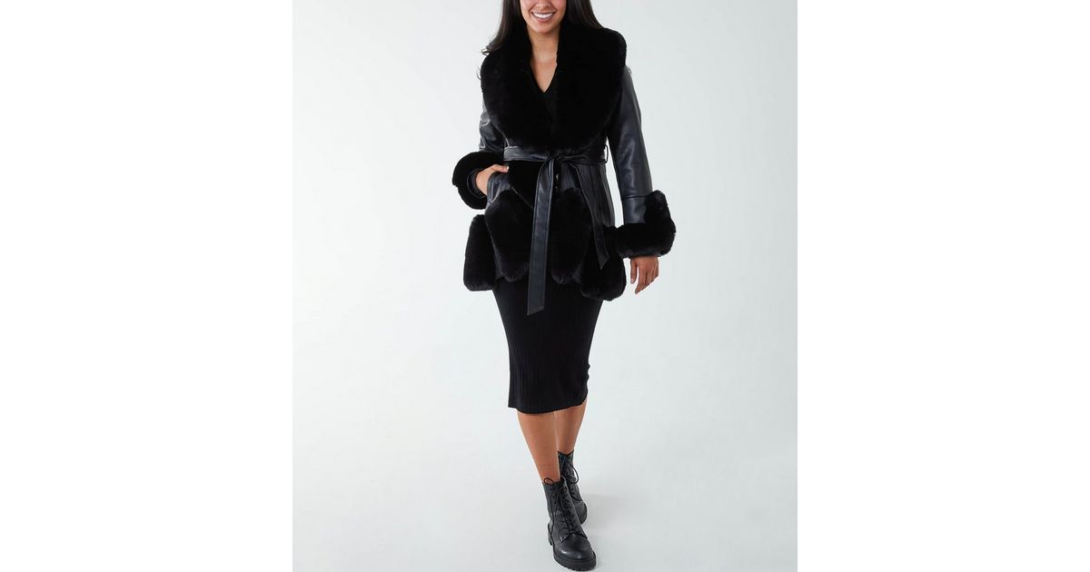 Blue Vanilla Black Leather-Look Faux Fur Trim Belted Coat | New Look | New Look (UK)