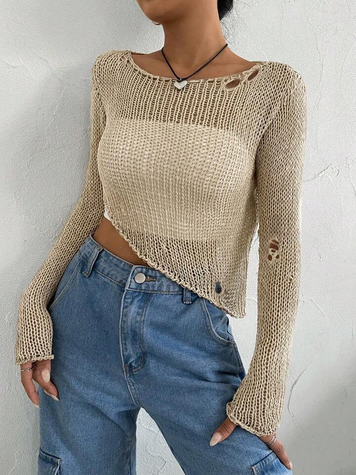 SHEIN EZwear Solid Asymmetrical Hem Crop Sweater Without Bra | SHEIN