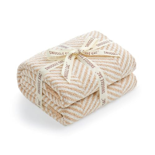 Snuggle Sac Herringbone Throw Blanket for Couch, Reversible Super Soft Warm Blankets Cozy Knit Fuzzy Plush Lightweight Throws for Sofa, Bed, Camping, Beige, 50x60 inches | Amazon (US)