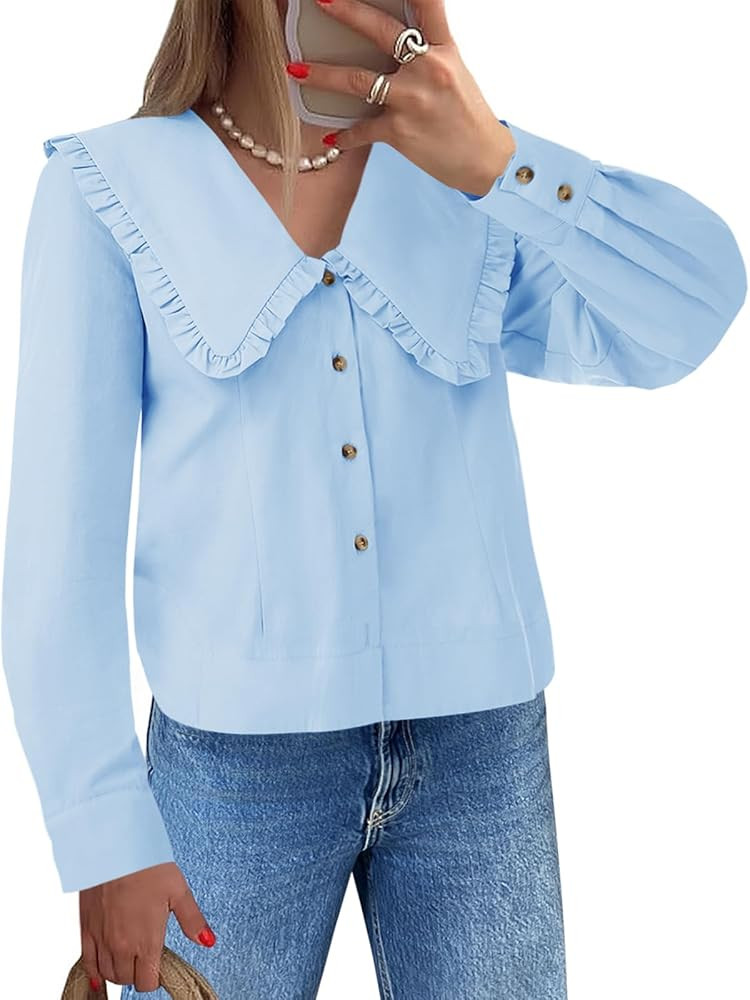 Cicy Bell Women's V Neck Ruffle Shirts Cute Long Sleeve Button Down Tops Casual Work Office Blous... | Amazon (US)