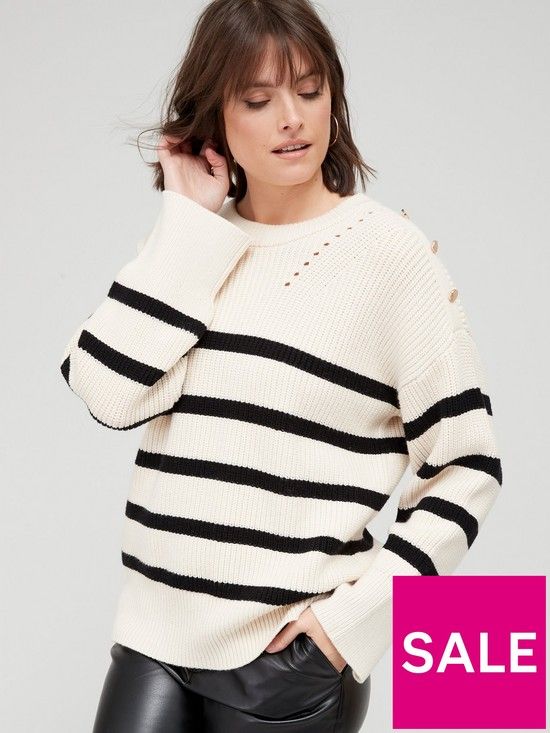 V by Very Knitted Stripe Button Shoulder Jumper - Ivory/Black | Very (UK)