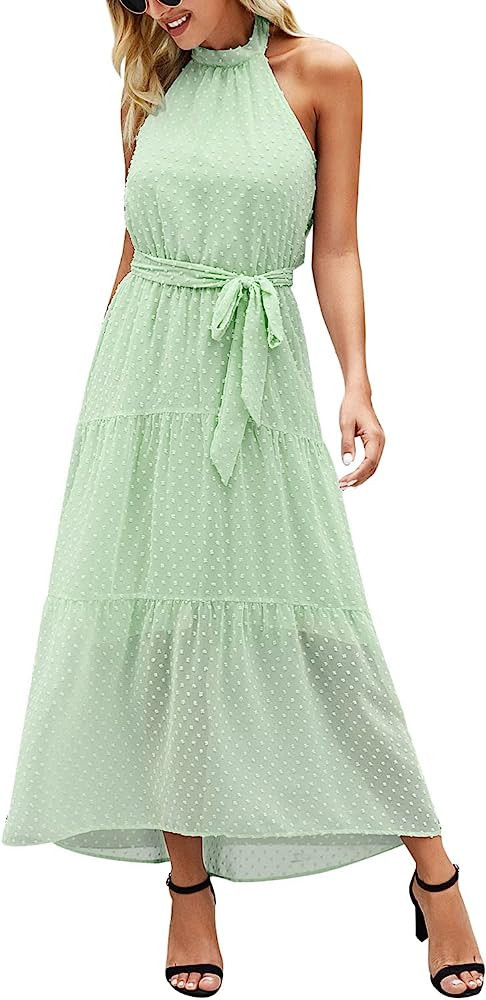 PRETTYGARDEN Women's Casual Halter Neck Sleeveless Floral Long Maxi Dress Backless Loose Ruffle S... | Amazon (US)