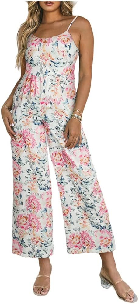Meufam Women Retro Floral Adjustable Spaghetti Strap Jumpsuits Summer Sleeveless Wide Leg Long Pa... | Amazon (US)