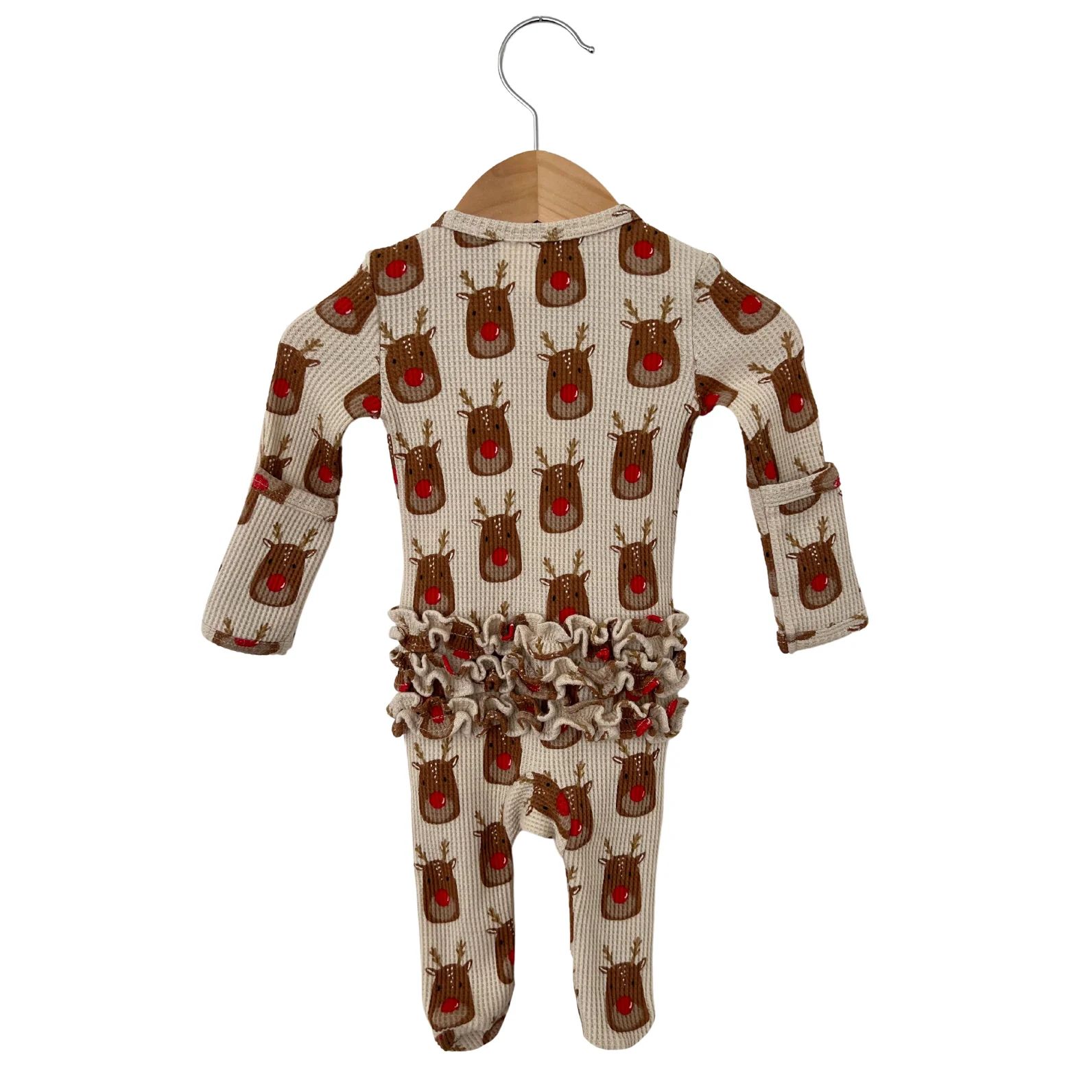 Organic Waffle Ruffle Zip Footie, Reindeer | SpearmintLOVE