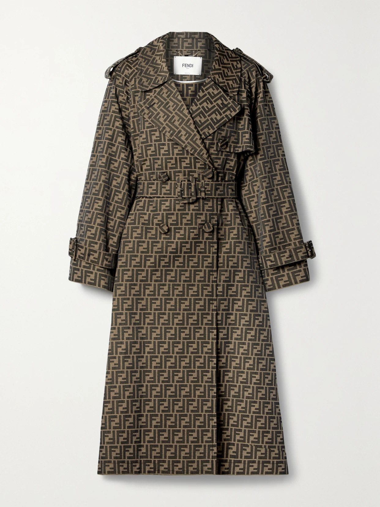 Fendi - Belted Double-breasted Canvas-jacquard Trench Coat - Brown | NET-A-PORTER (US)