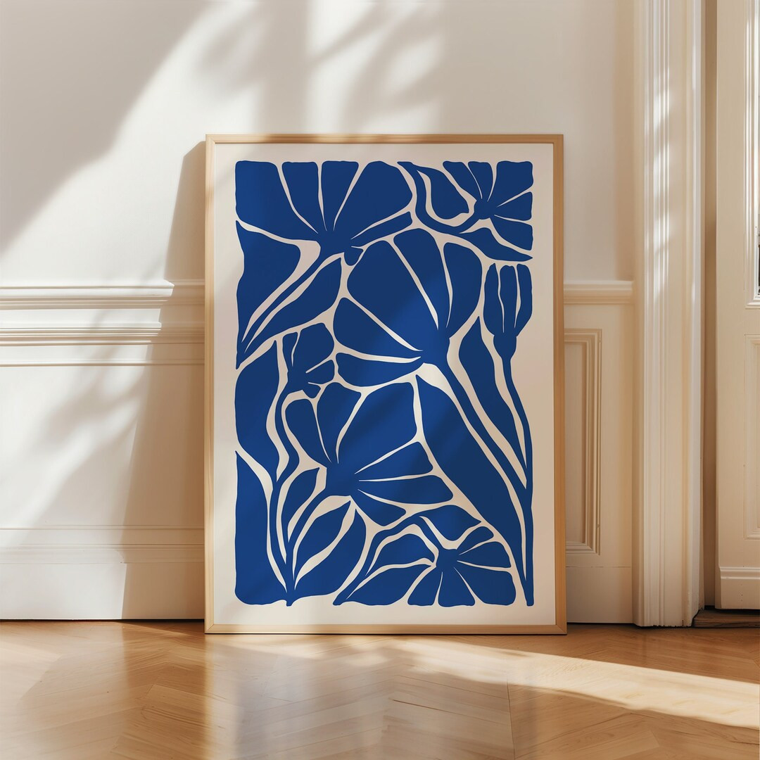 Navy Blue Abstract Flower Print, Matisse Style Flower Print, Organic Shapes, Botanical Wall Art, ... | Etsy (US)