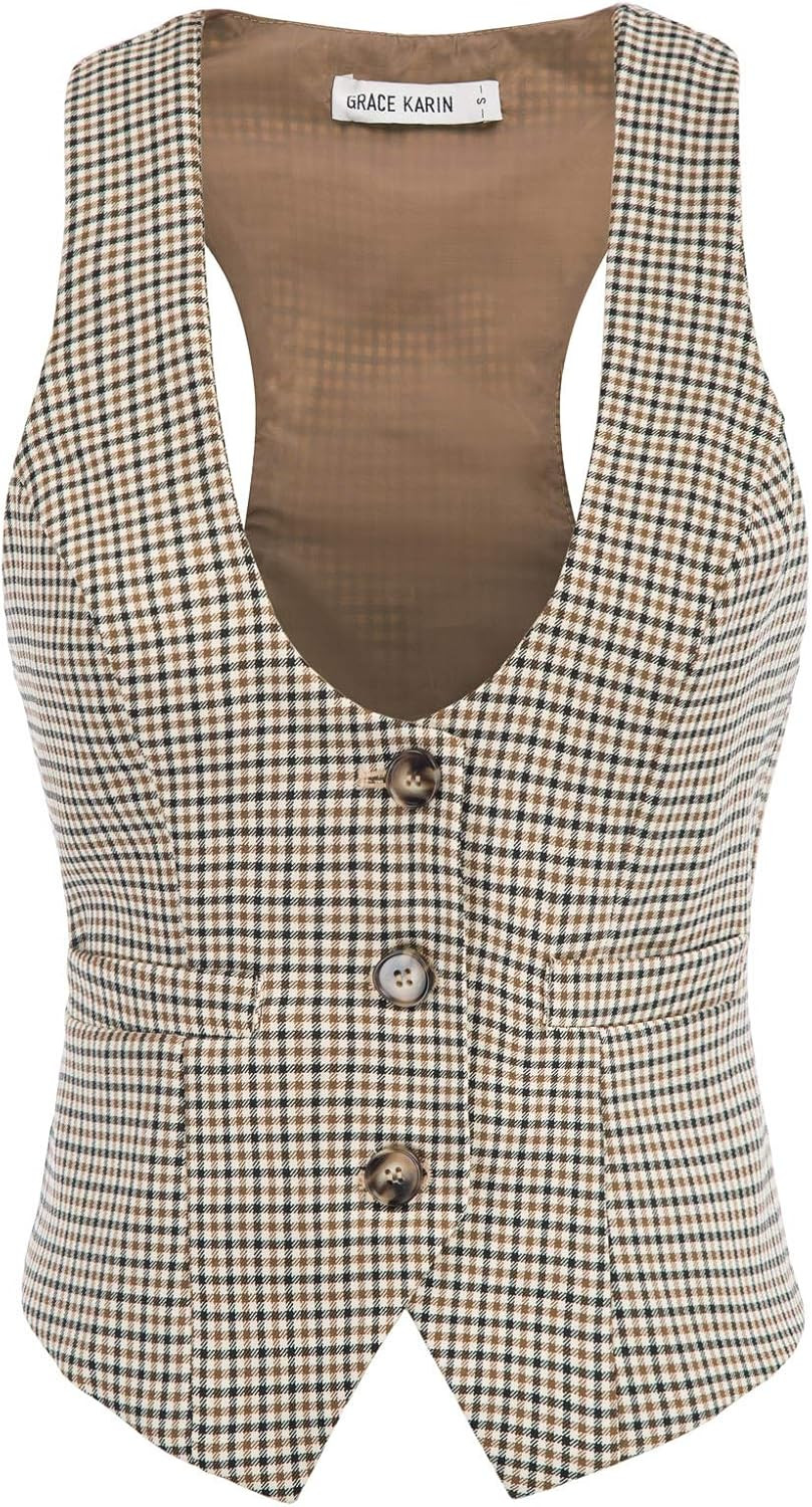 GRACE KARIN Women's Suit Vest Top, Dressy Casual Sleeveless Button Waistcoat, Fromal Steampunk Blazer for Work Office | Amazon (US)