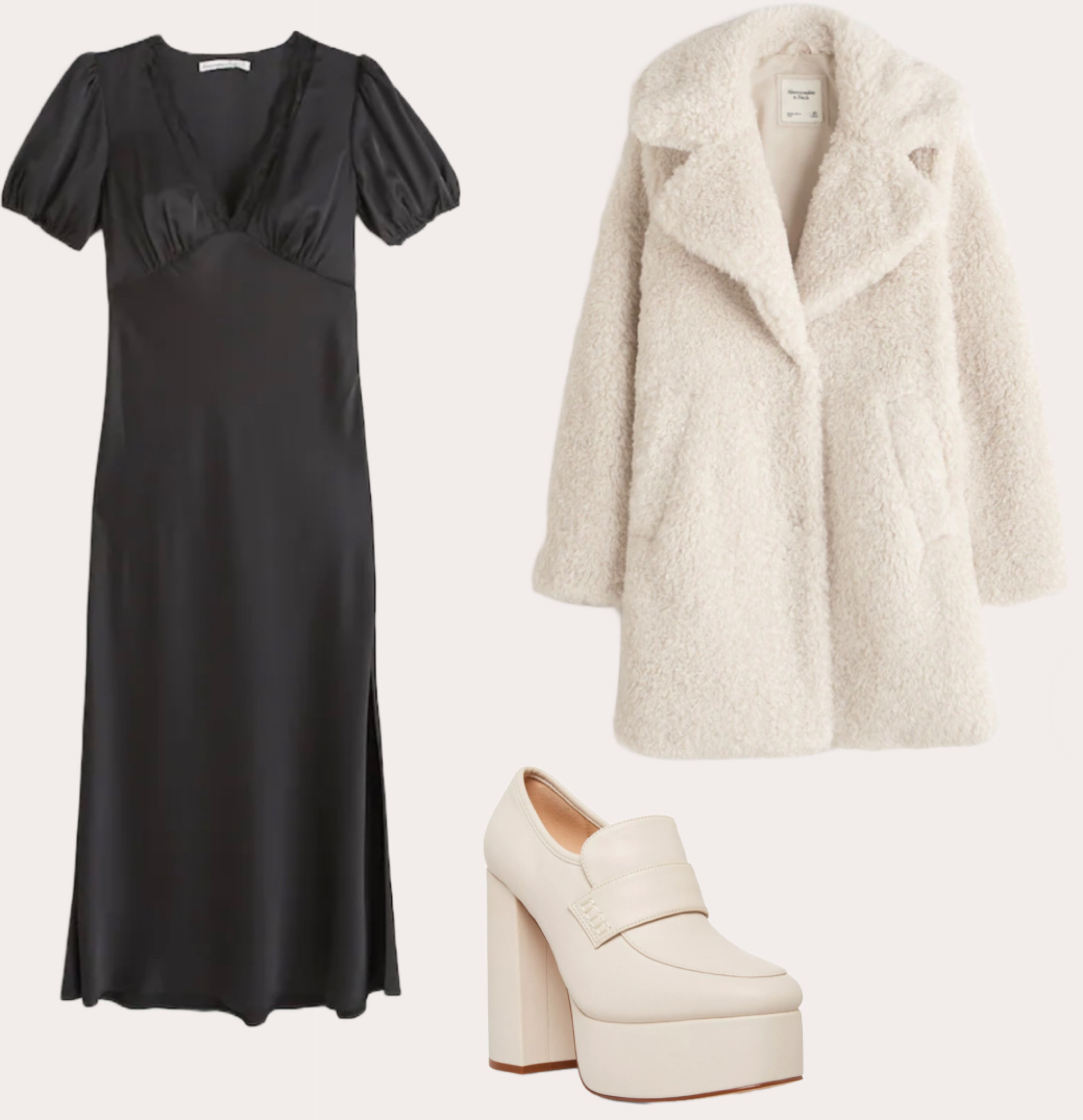 A&F Teddy Mid Coat
Our new mid-length coat in a super soft sherpa fabric, featuring button-up front, drama collar, pockets and cozy shearling exterior for an elevated and warm style. 

Puff Sleeve Lace-Trim Midi Dress
Flattering short-sleeve midi slip dress in our luxe satin fabric, featuring on-trend puff sleeves with elastic cuffs, v-neckline with lace-trim detail and a side-slit detail. 

A lofty platform and chunky heel ground a statement-making leather boot with a neat seam that runs down the center.