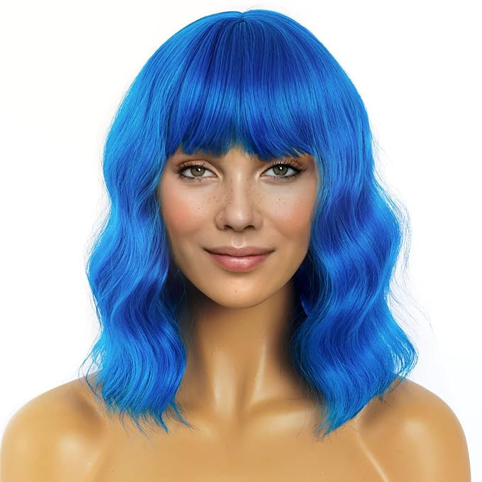 LANICE Blue Wig Short Bob Wigs with Bangs for Women Loose Wavy Hair Shoulder Length Blue Wig Synt... | Amazon (US)
