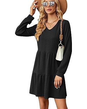 Womens Long Sleeve Casual Fall Tunic Dress Solid Color V-Neck Loose Fit Flowy Swing Tiered Dress | Amazon (US)