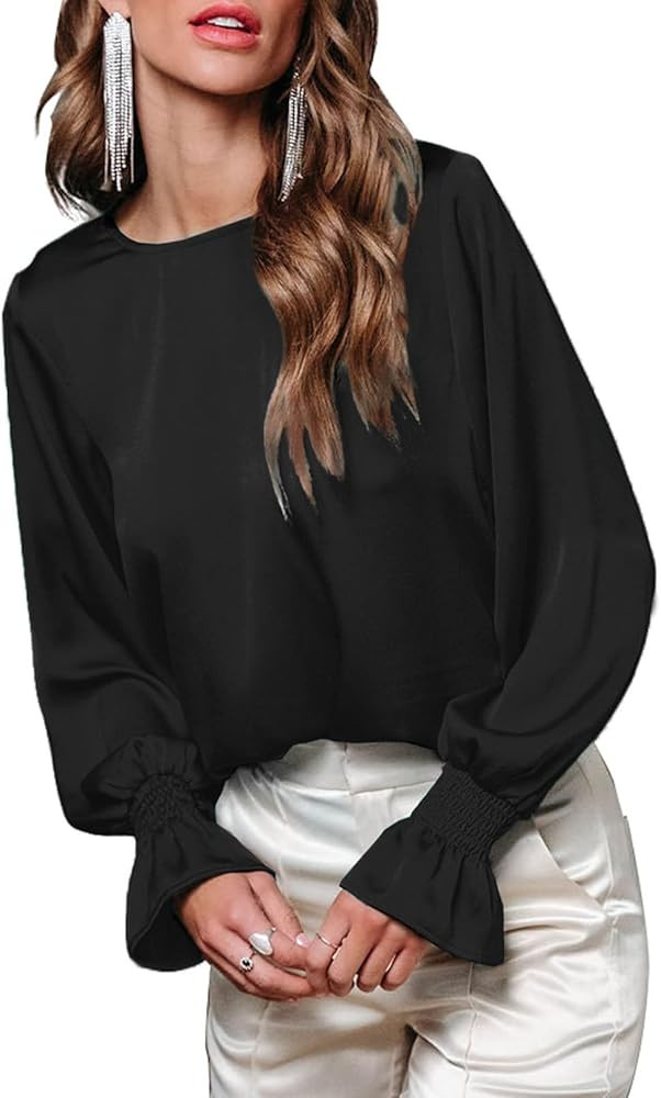 Dokotoo Womens Tops Dressy Casual Crewneck Ruffle Bubble Long Sleeve Shirts Solid Satin Blouses | Amazon (US)