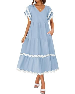 ZESICA Womens 2024 Summer Casual Midi Dresses V Neck Flutter Short Sleeve Ruffle Tiered A Line Fl... | Amazon (US)