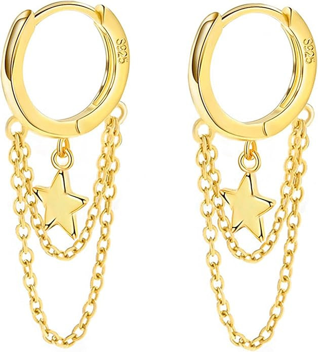 925 Sterling Silver Star Earrings Tassel Chain Drop Dangle Black Rose Gold Small Hoop Earrings Hu... | Amazon (US)