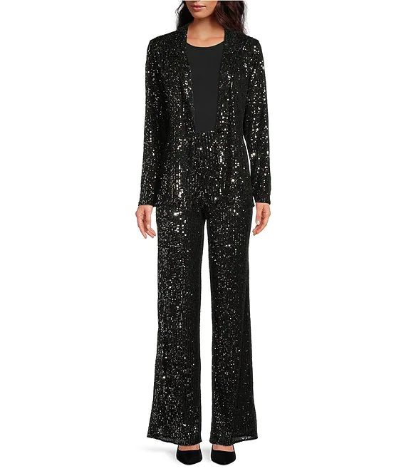 Stretch Sequin Tailored V-Neck Long Sleeve Button Front Coordinating Blazer | Dillard's