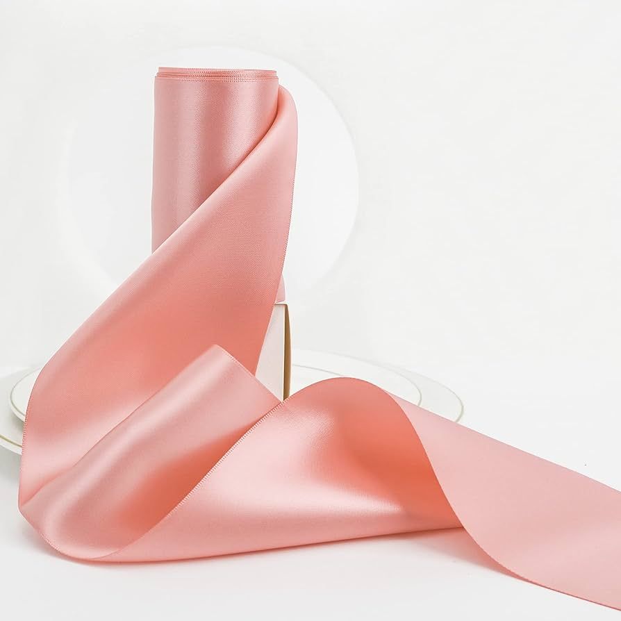 HUIHUANG Blush Satin Ribbon 4 inch Wide Thick Rose Pink Double-Faced Satin Silk Ribbon 10 Yard/Sp... | Amazon (US)