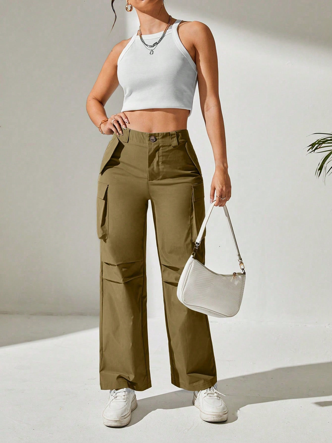 SHEIN PETITE Solid Flap Pocket Cargo Pants | SHEIN