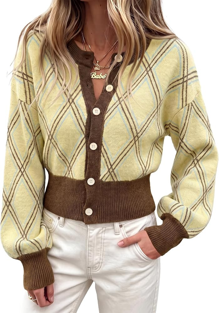 Tankaneo Womens Cropped Argyle Plaid Cardigan Sweater Preppy Outfits | Amazon (US)