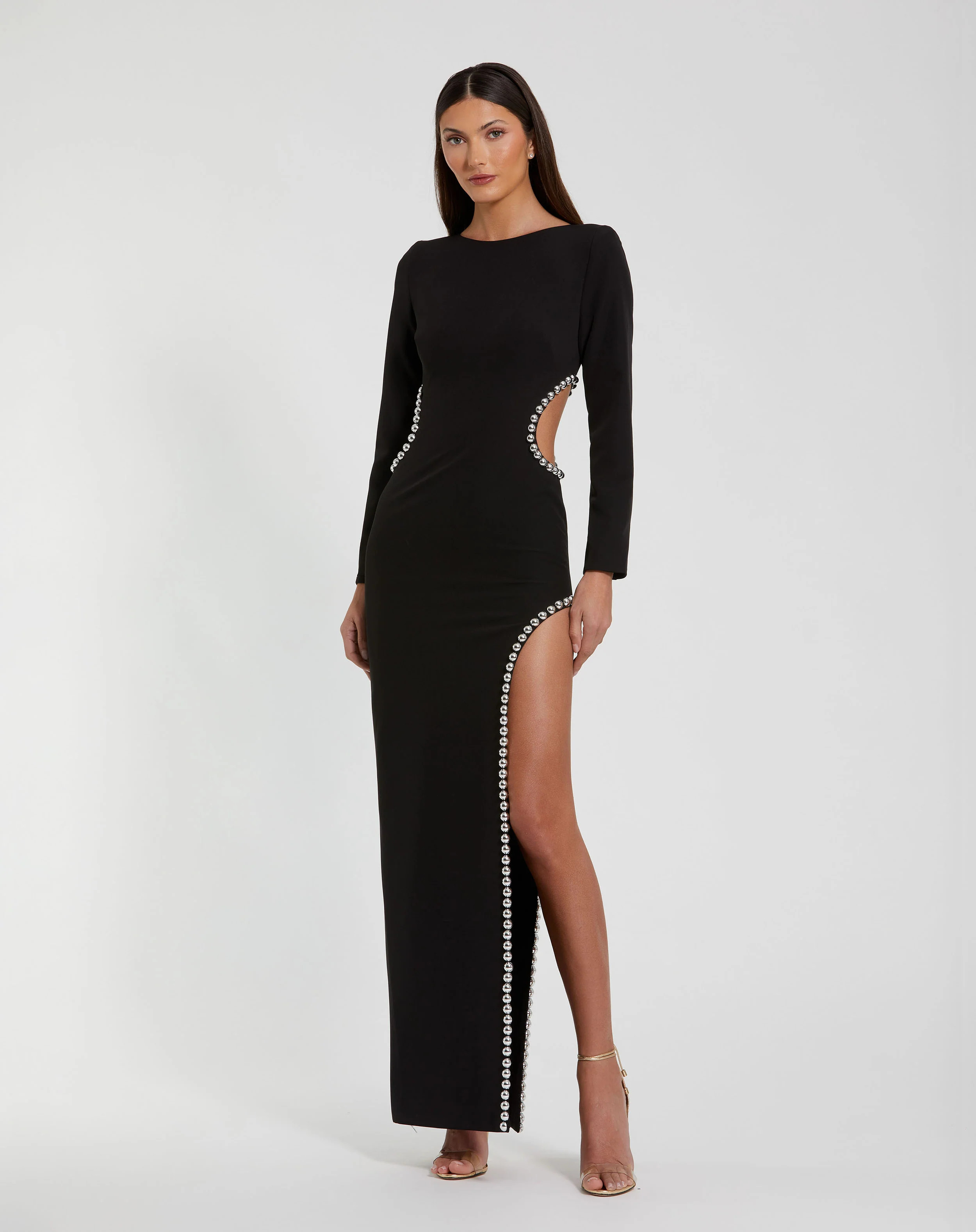 Black Crepe Long Sleeve Gown With Beaded Cut Outs | Mac Duggal