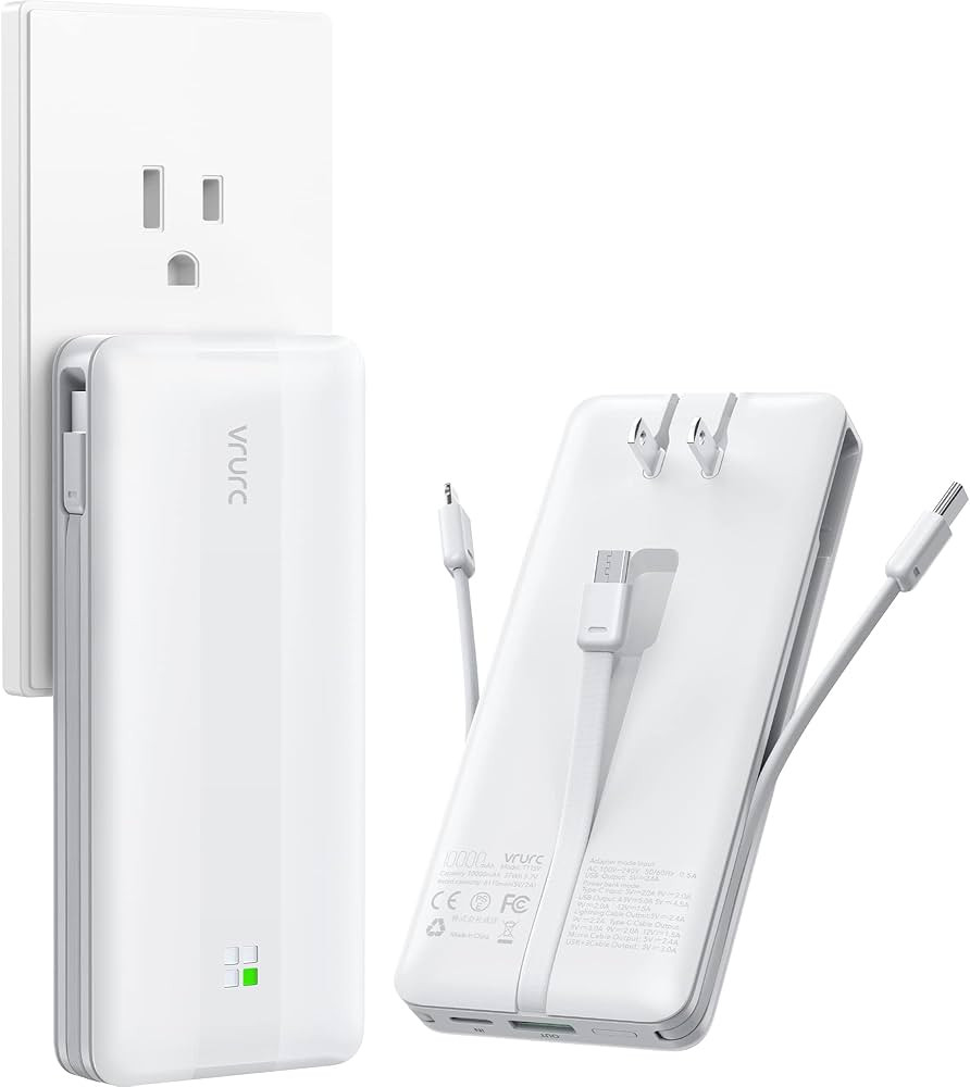 VRURC Portable Charger, 22.5W Fast Charging Power Bank with Built-in Cables & AC Wall Plug, 10000... | Amazon (US)