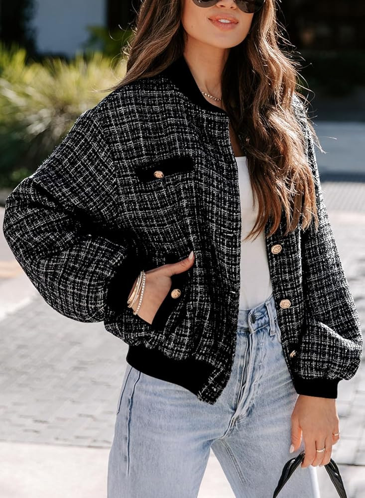 EVALESS Fashion Jacket for Women 2024 Fall Winter Trendy Button Short Shacket Long Sleeve Plaid C... | Amazon (US)