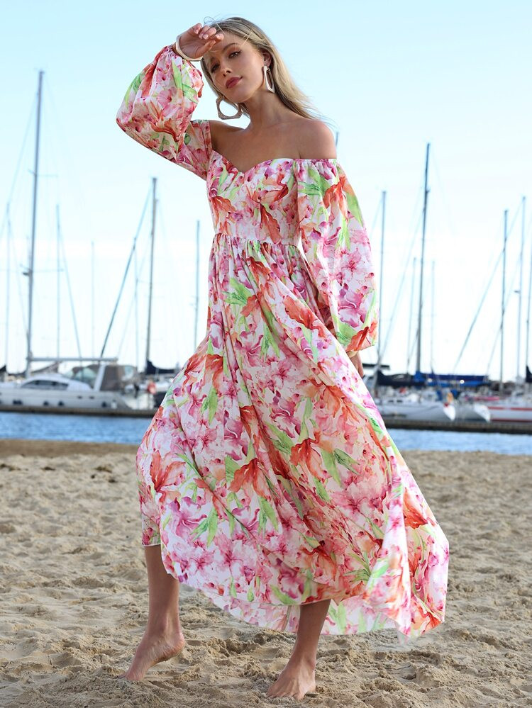 Floral Print Off Shoulder Lantern Sleeve Dress | SHEIN