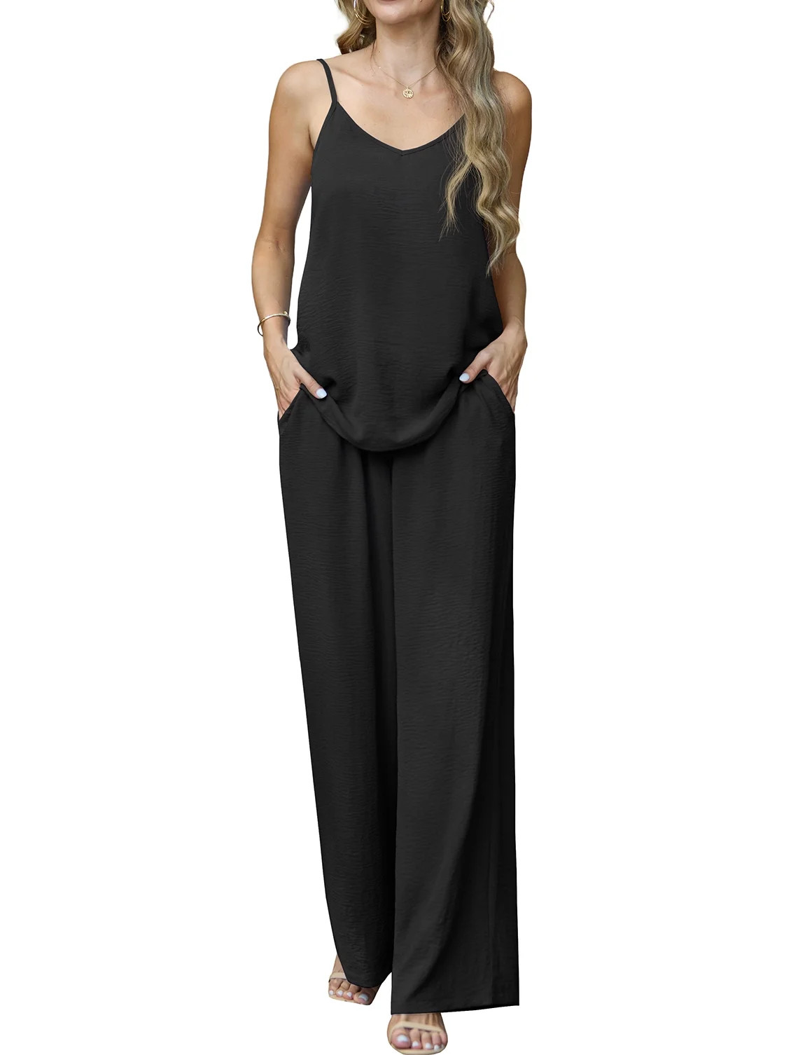 Cueply Lounge Sets for Women Summer 2 Piece Outfits Casual Tops Elastic Wide Leg Pants with Pocke... | Walmart (US)