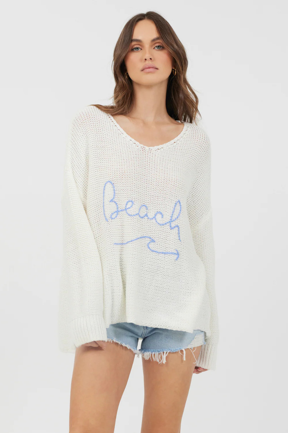 Warm White & Blue "Beach" Embroidered V-Neck Sweater | Vintage Havana