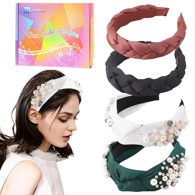 LOVNFC Fashion Knotted Headbands for Women, 4Pcs Braided Pearl Hair Band and Woven Head Wrap Gree... | Amazon (US)