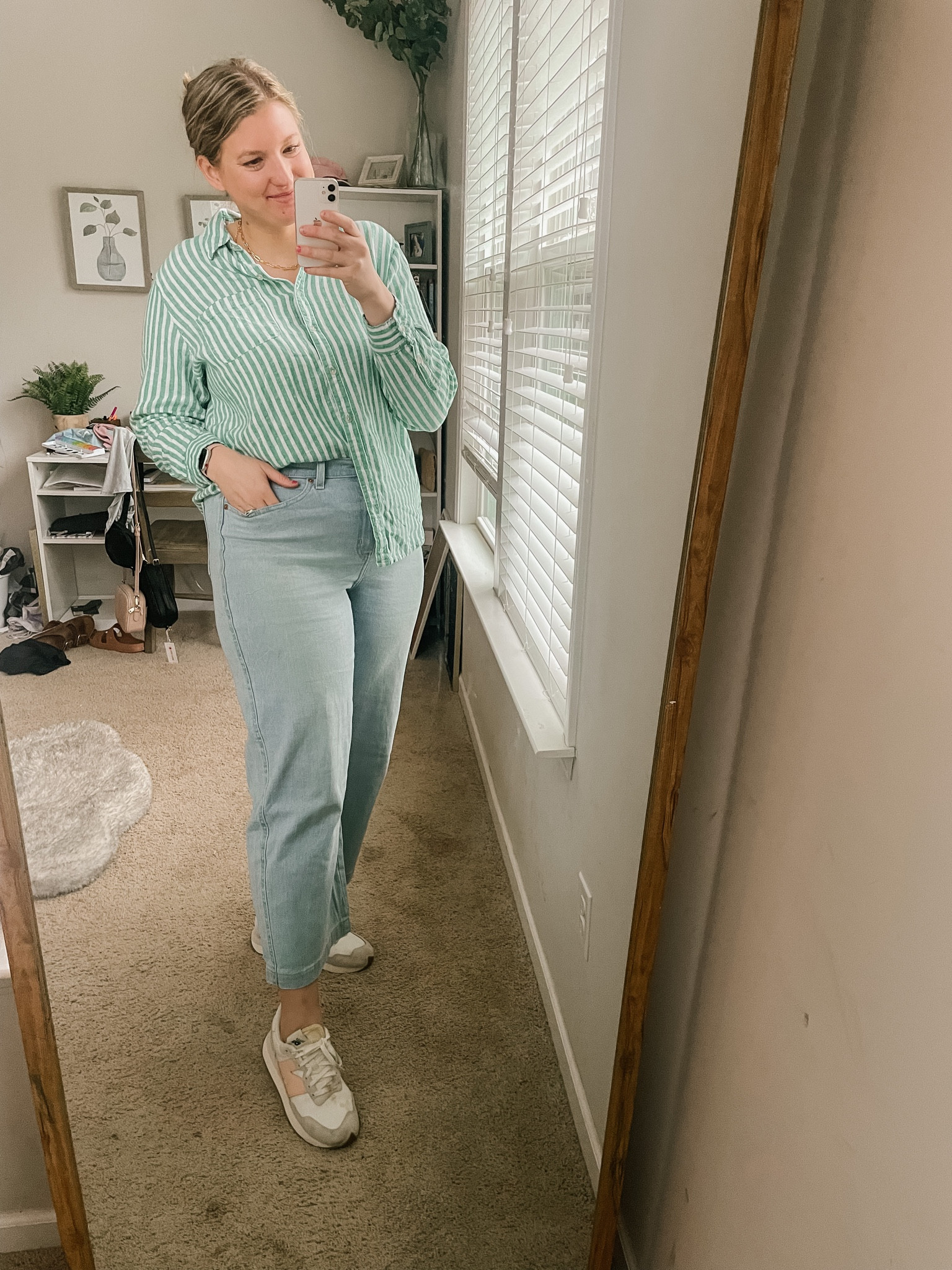 Wide leg Levi’s jeans. Green button down. New balance sneakers  

#LTKunder50 #LTKstyletip