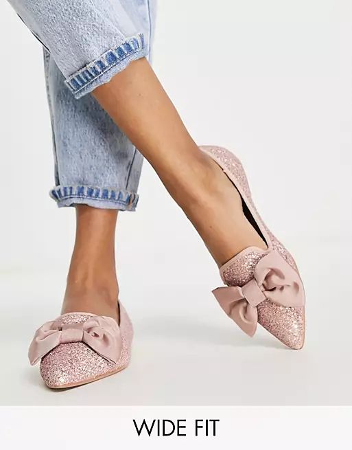 ASOS DESIGN Wide Fit Lake bow pointed ballet flats in pink glitter | ASOS (Global)