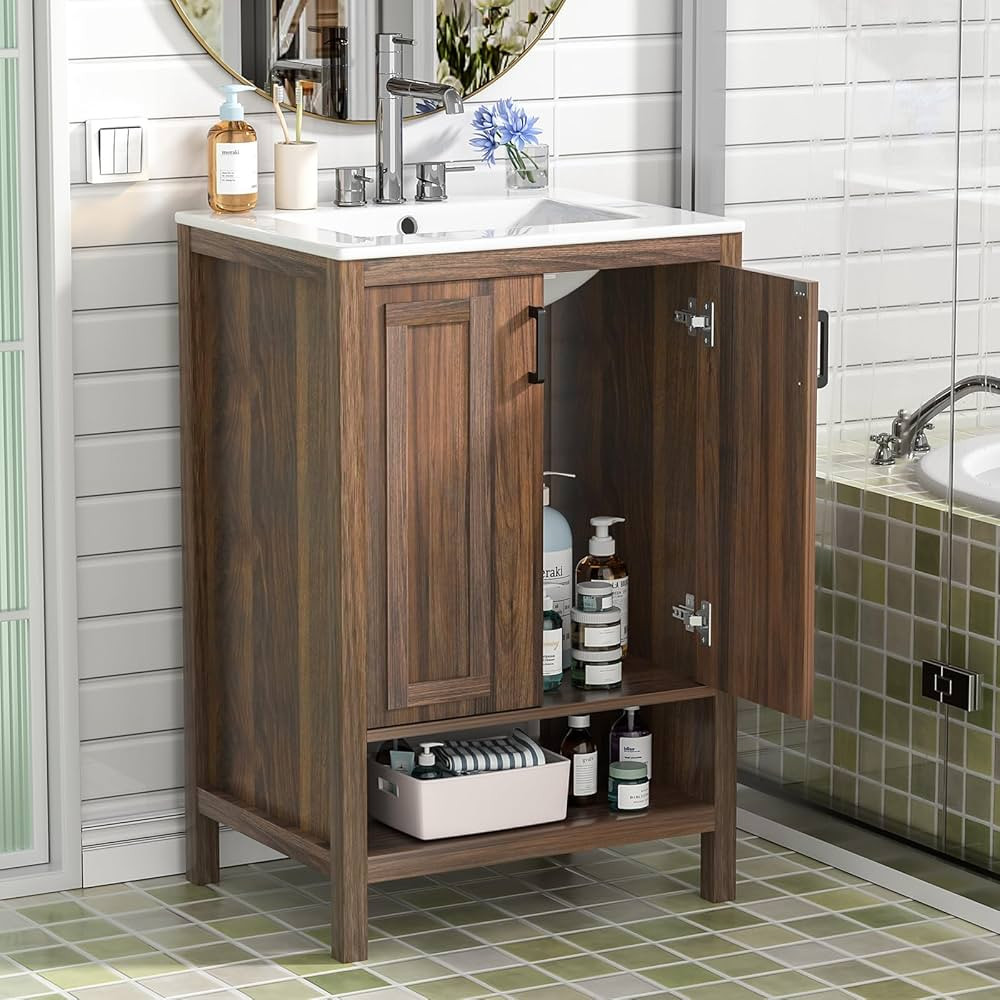 24" Bathroom Vanity with Ceramic Sink, Walnut Modern Bathroom Sink Set with 2 Doors and Open Shel... | Amazon (US)