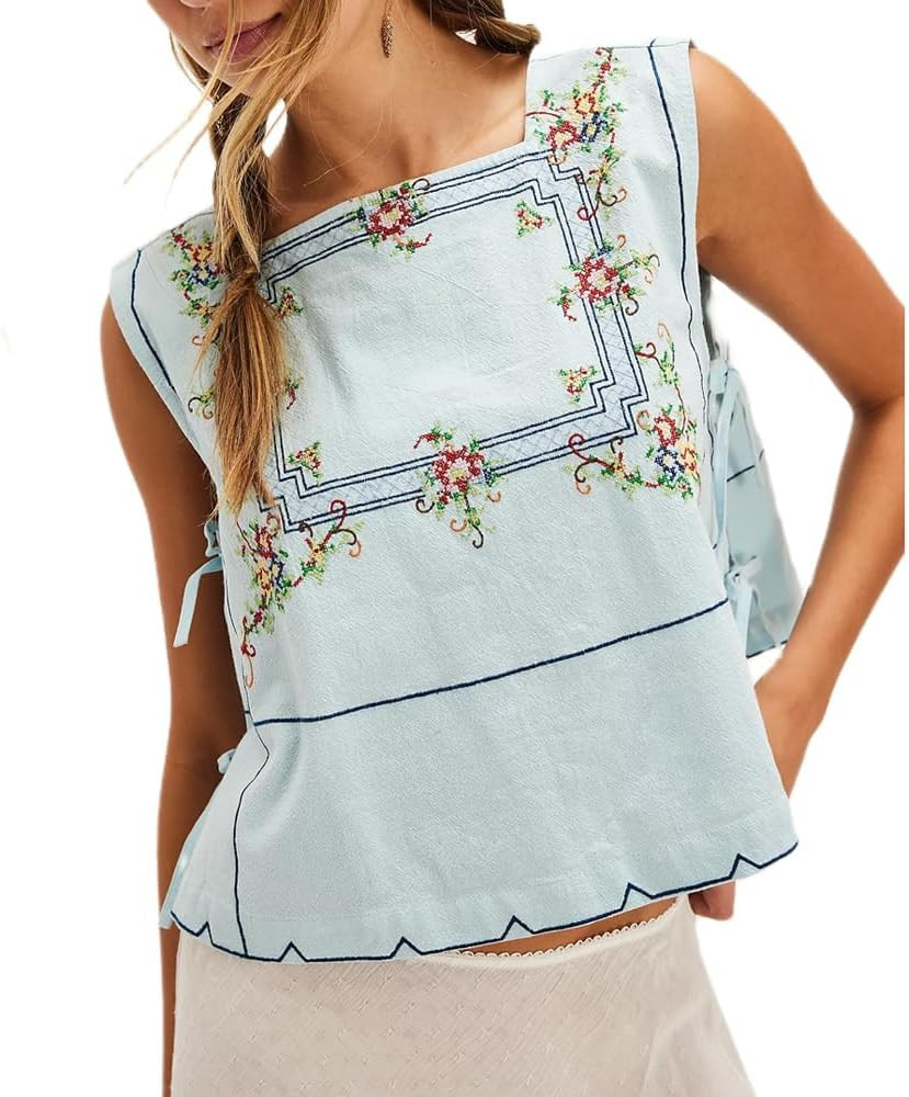 PICPUNMAK Women Y2k Floral Embroidery Sleeveless Shirts Split Side Tie Tank Top Summer Loose Goin... | Amazon (US)