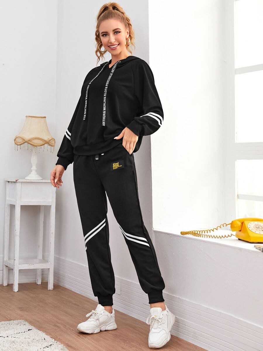 Striped Tape Letter Drawstring Hoodie With Joggers | SHEIN